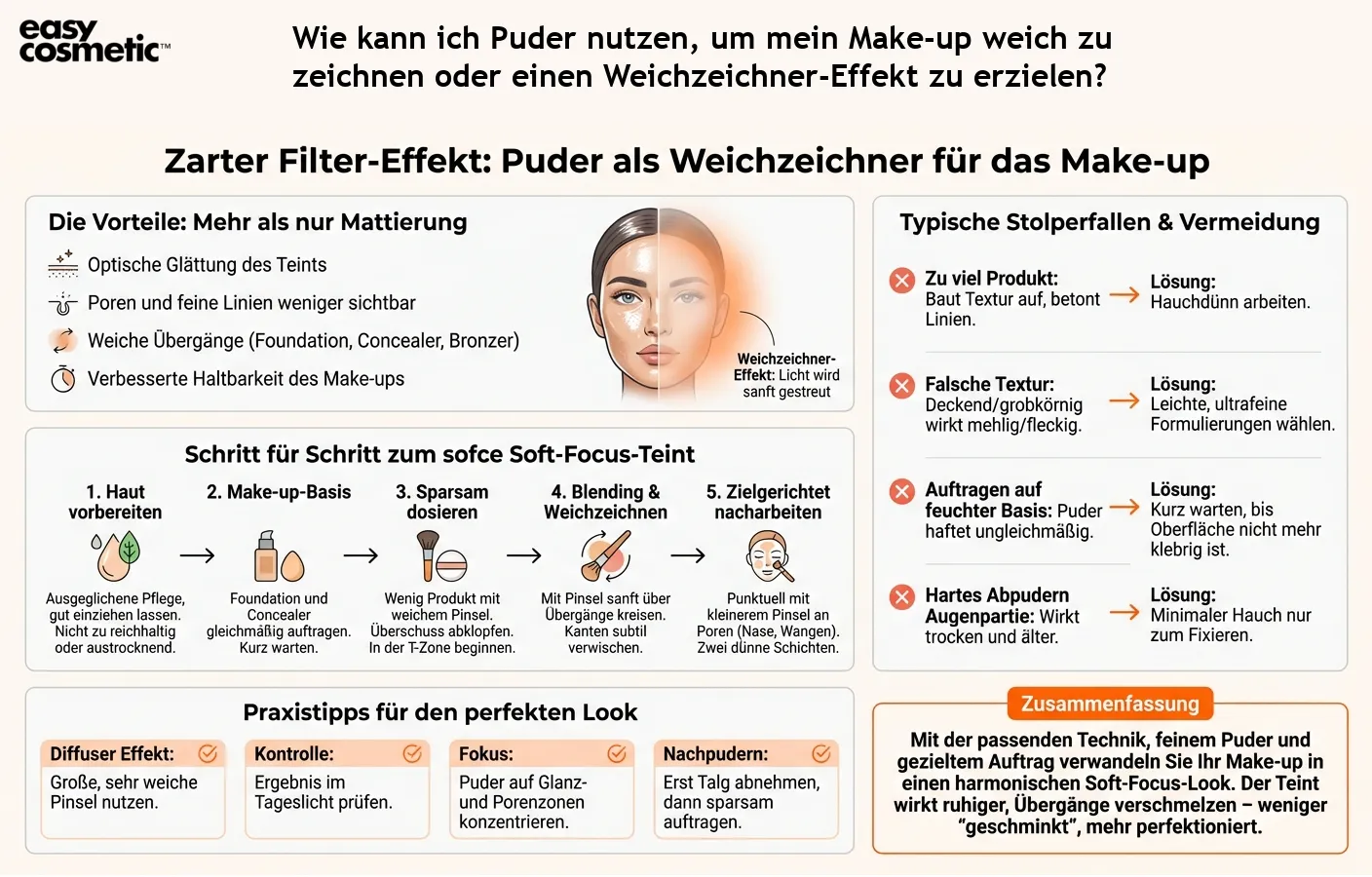 Wie kann ich Puder nutzen, um mein Make-up weich zu zeichnen oder einen Weichzeichner-Effekt zu erzielen?