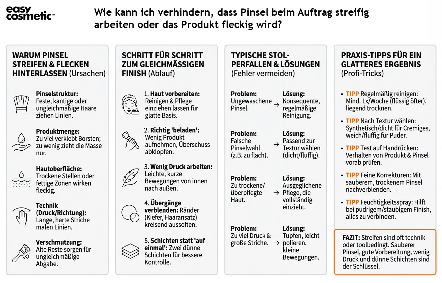 Wie kann ich verhindern, dass Pinsel beim Auftrag streifig arbeiten oder das Produkt fleckig wird?