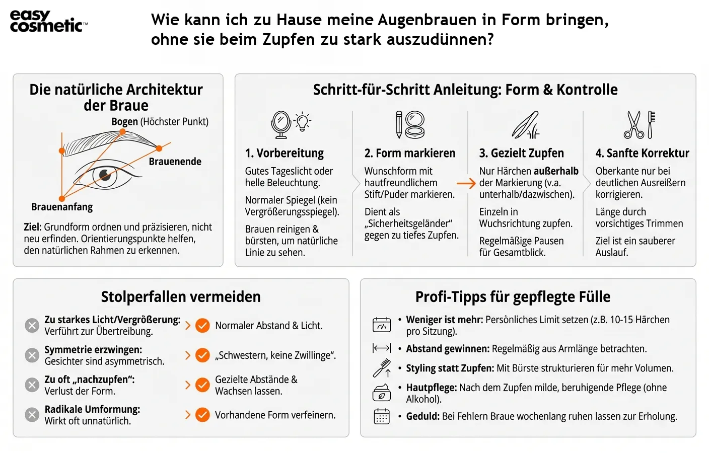 Wie kann ich zu Hause meine Augenbrauen in Form bringen, ohne sie beim Zupfen zu stark auszudünnen?