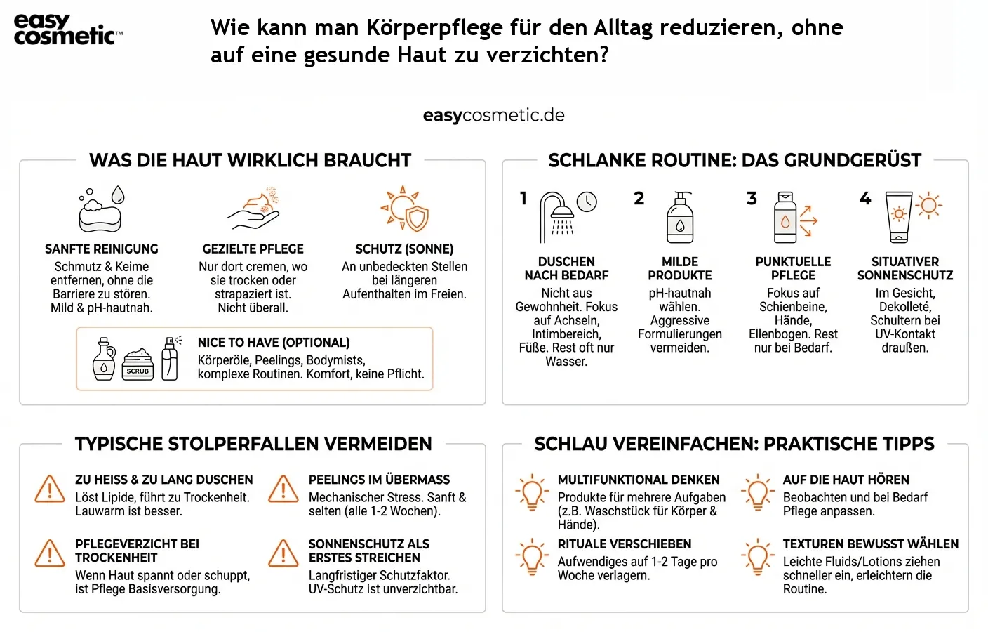 Wie kann man Körperpflege für den Alltag reduzieren, ohne auf eine gesunde Haut zu verzichten?