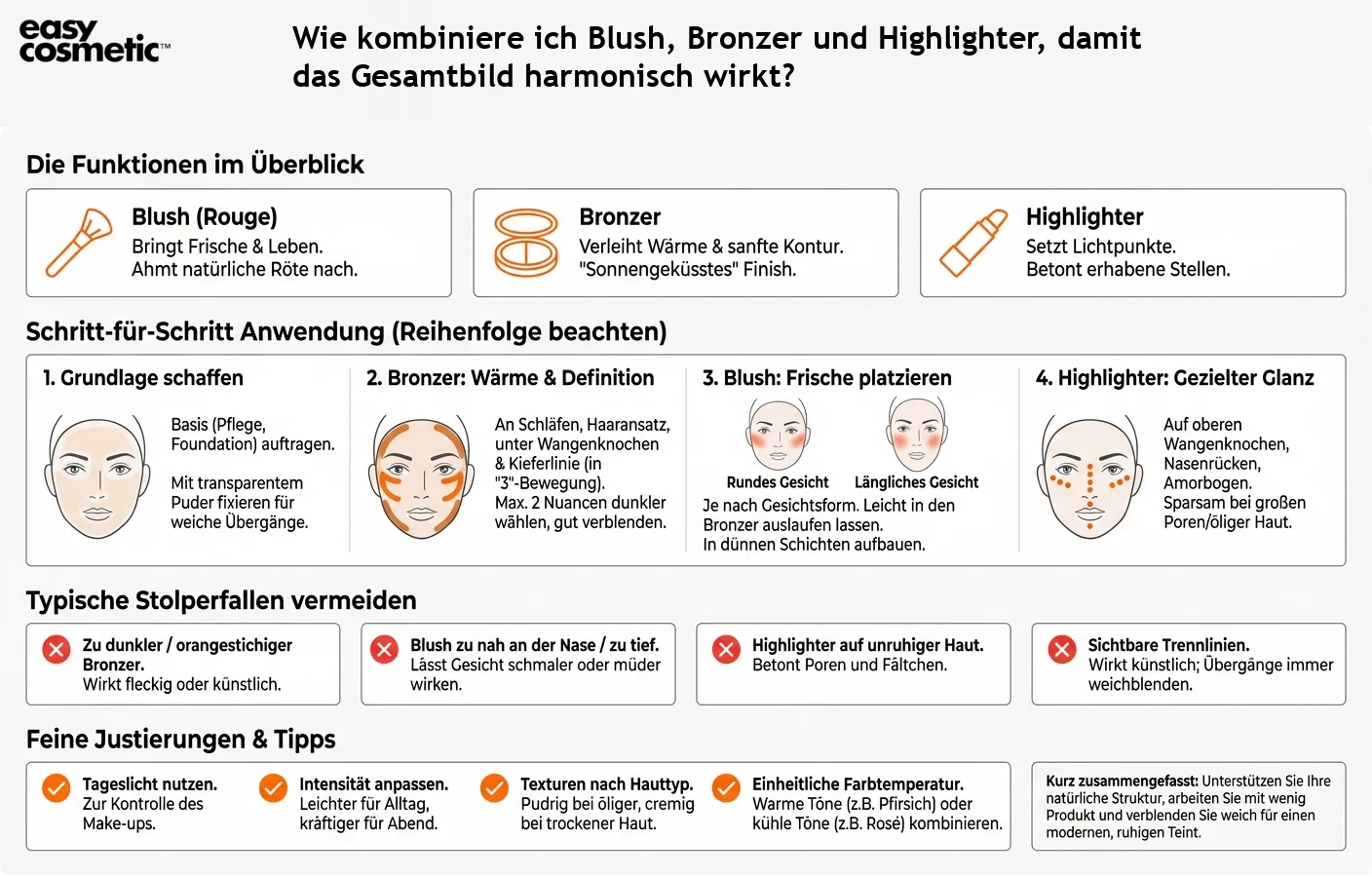 Wie kombiniere ich Blush, Bronzer und Highlighter, damit das Gesamtbild harmonisch wirkt?
