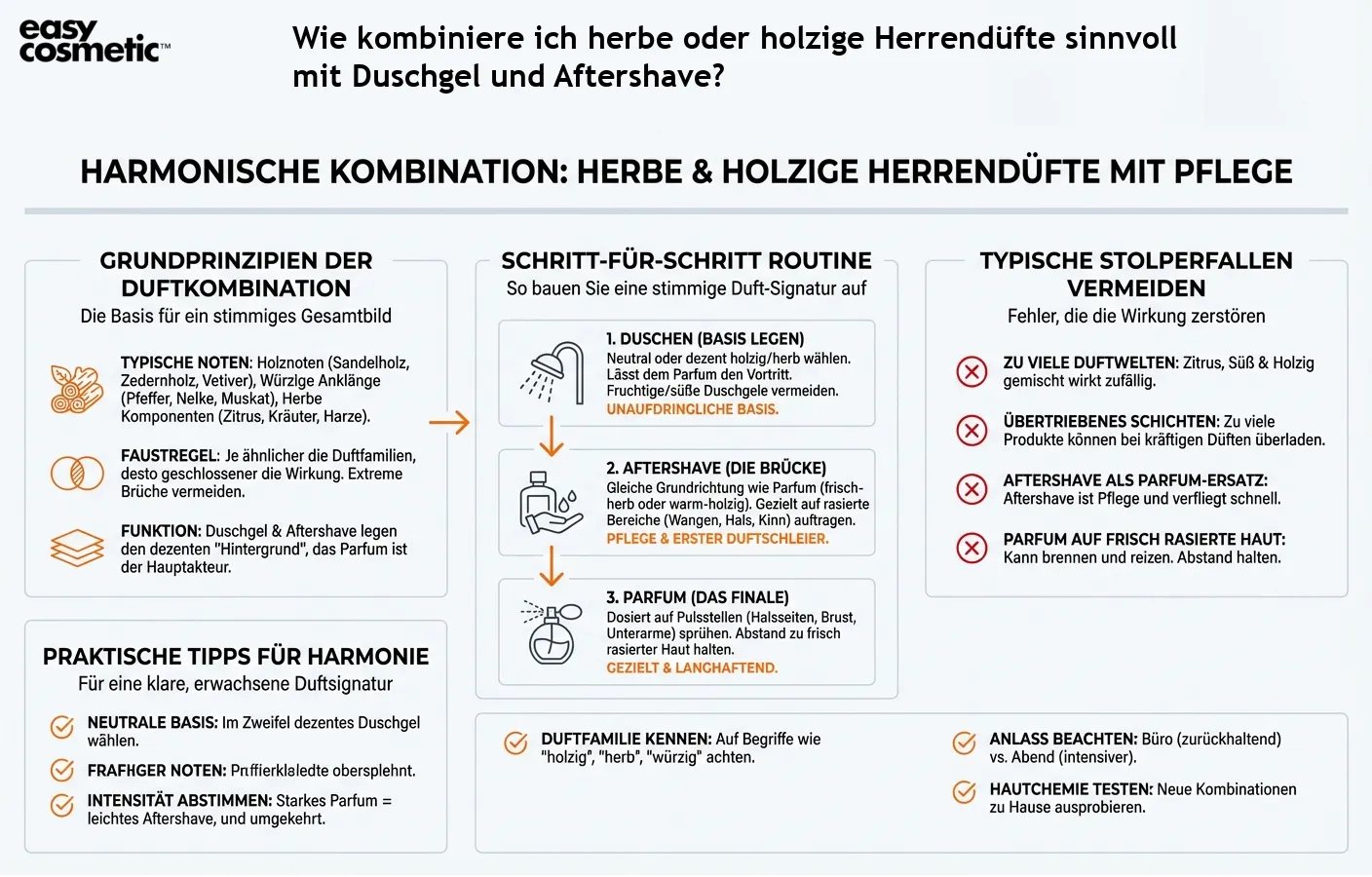 Wie kombiniere ich herbe oder holzige Herrendüfte sinnvoll mit Duschgel und Aftershave?