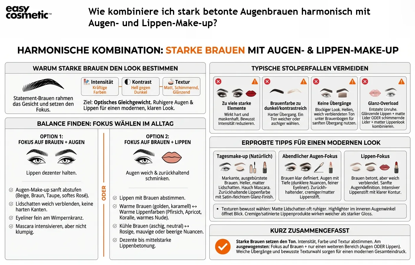 Wie kombiniere ich stark betonte Augenbrauen harmonisch mit Augen- und Lippen-Make-up?