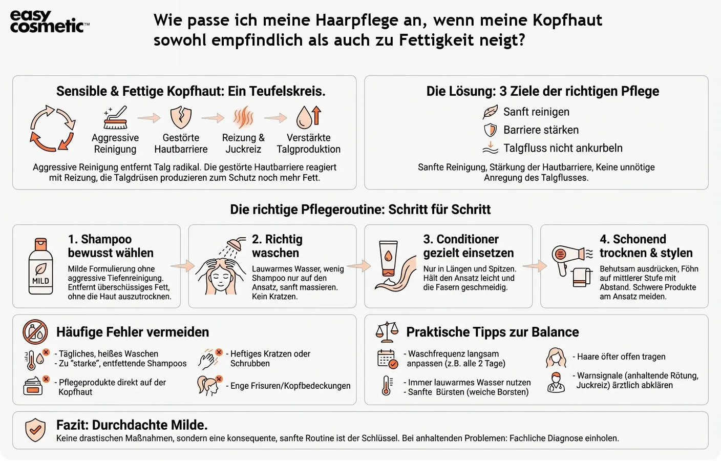 Wie passe ich meine Haarpflege an, wenn meine Kopfhaut sowohl empfindlich als auch zu Fettigkeit neigt?