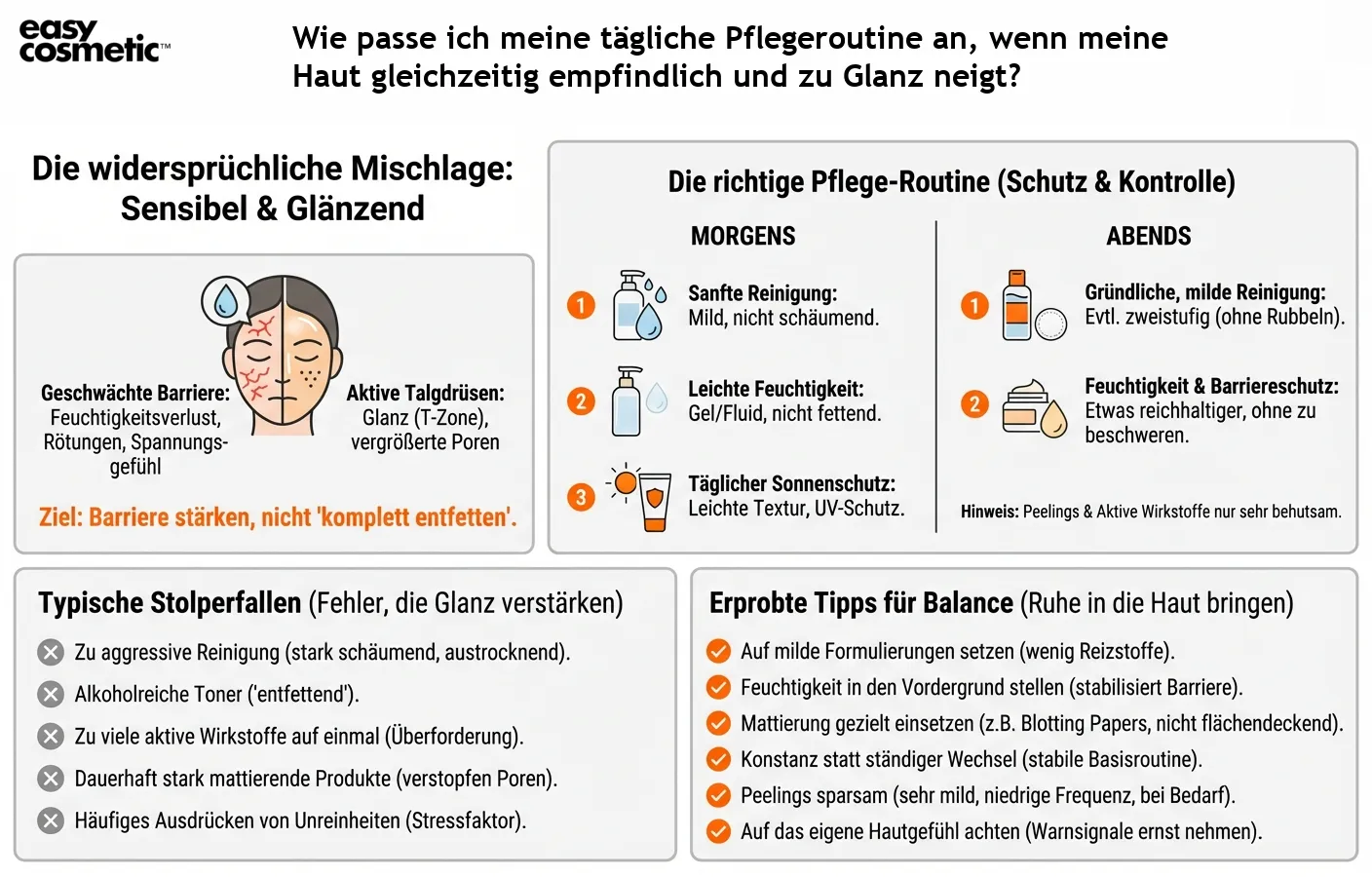 Wie passe ich meine tägliche Pflegeroutine an, wenn meine Haut gleichzeitig empfindlich und zu Glanz neigt?