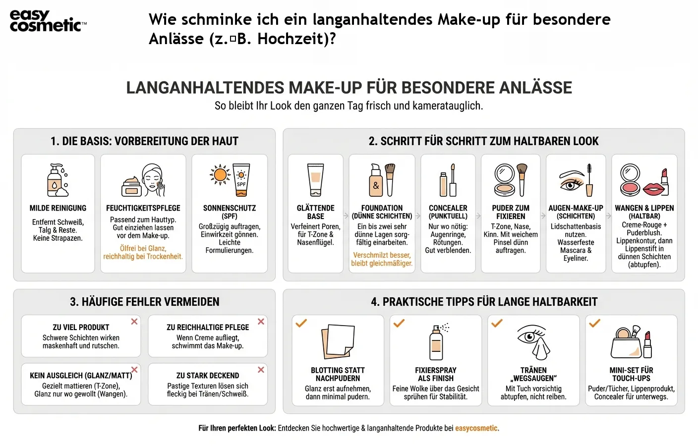 Wie schminke ich ein langanhaltendes Make-up für besondere Anlässe (z. B. Hochzeit)?