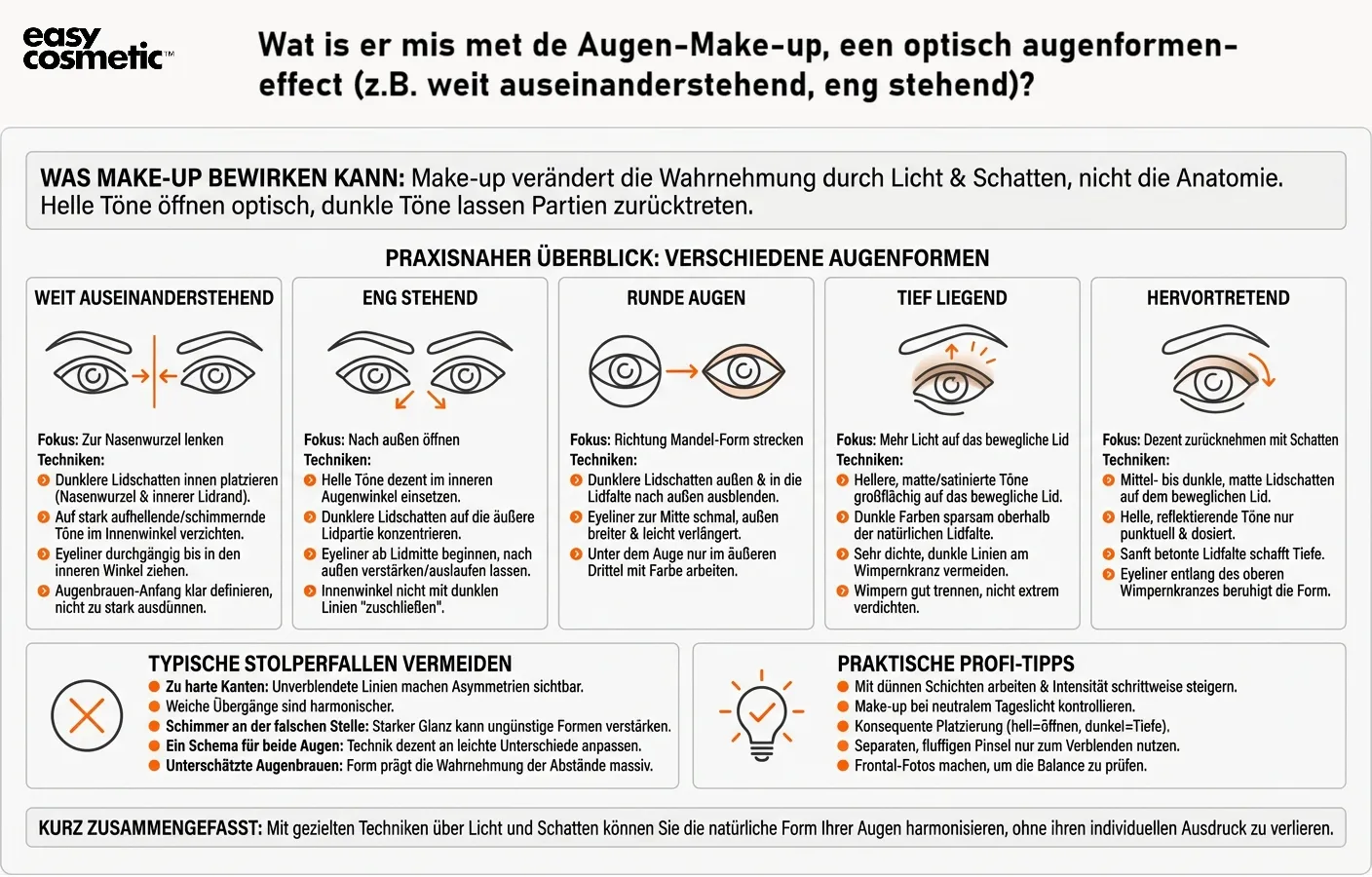 Wie setze ich Augen-Make-up ein, um unterschiedliche Augenformen optisch auszugleichen (z. B. weit auseinanderstehend, eng stehend)?