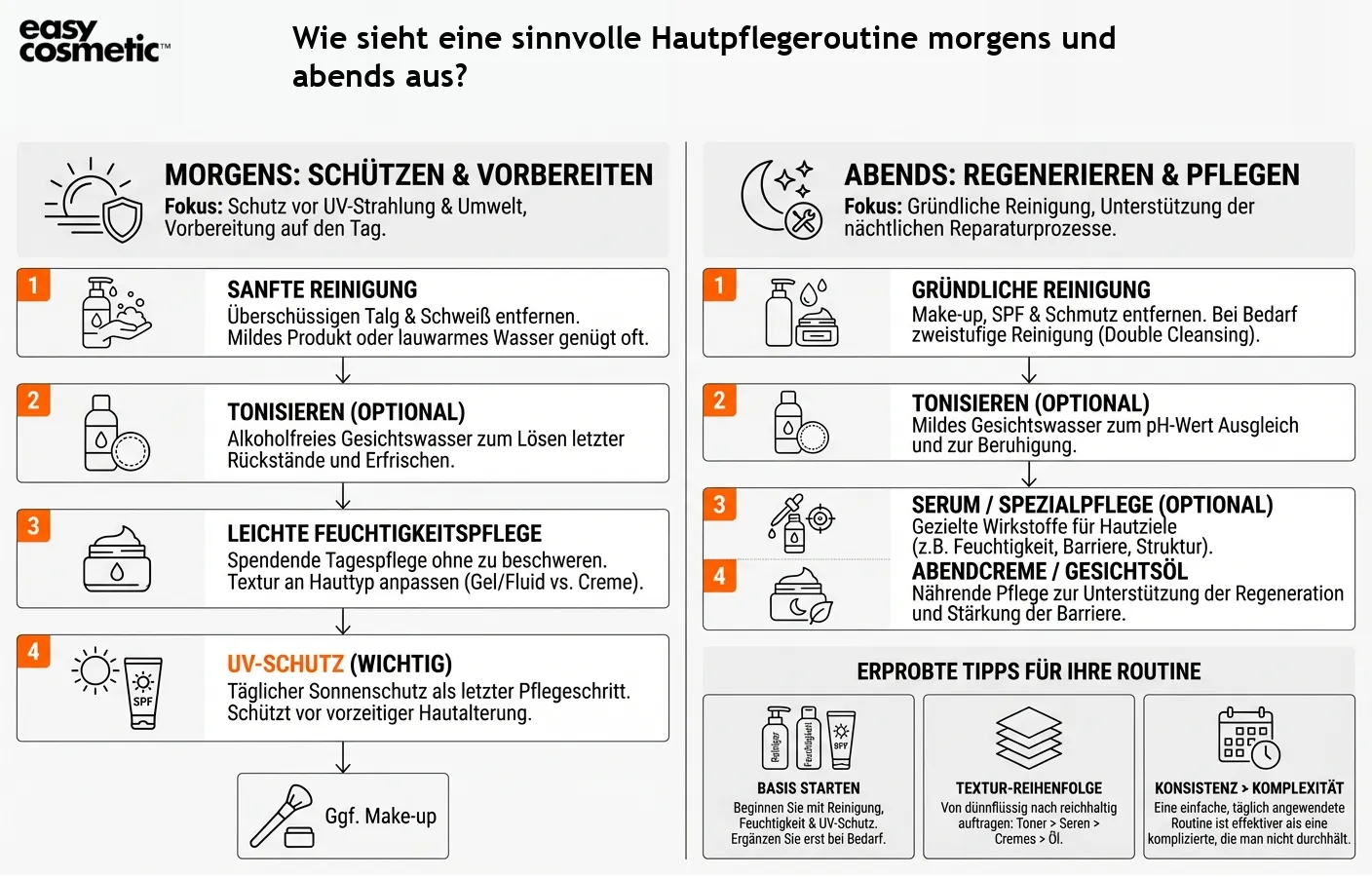 Wie sieht eine sinnvolle Hautpflegeroutine morgens und abends aus?