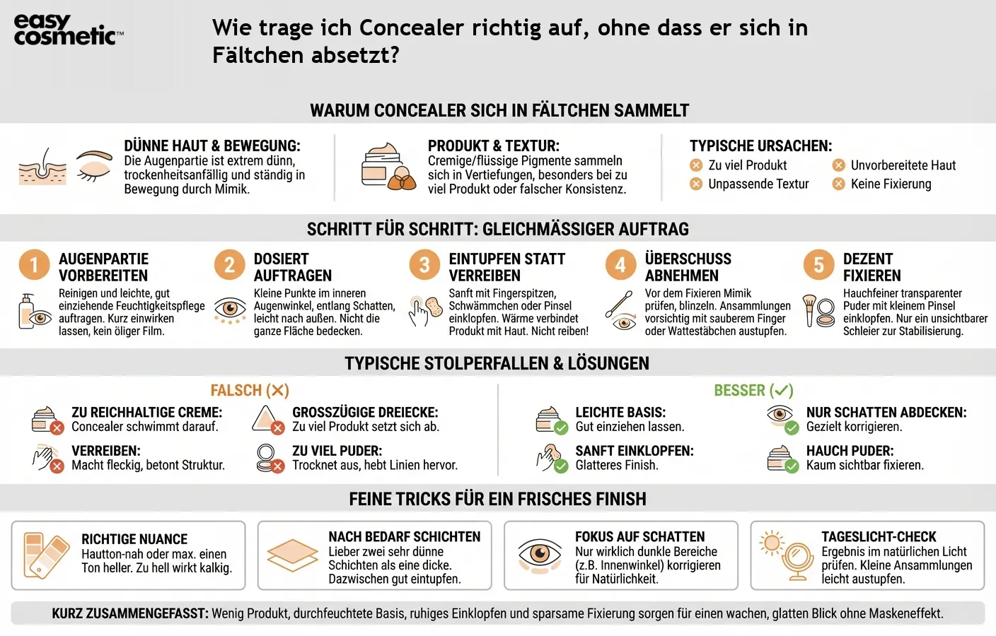 Wie trage ich Concealer richtig auf, ohne dass er sich in Fältchen absetzt?