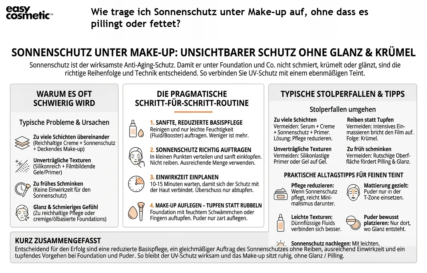 Wie trage ich Sonnenschutz unter Make-up auf, ohne dass es pillingt oder fettet?