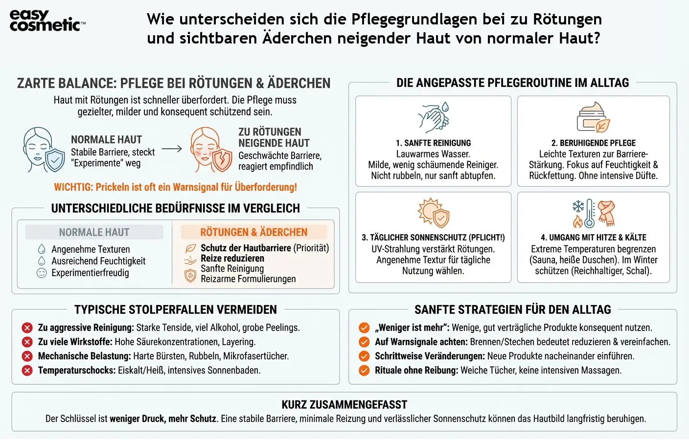Wie unterscheiden sich die Pflegegrundlagen bei zu Rötungen und sichtbaren Äderchen neigender Haut von normaler Haut?