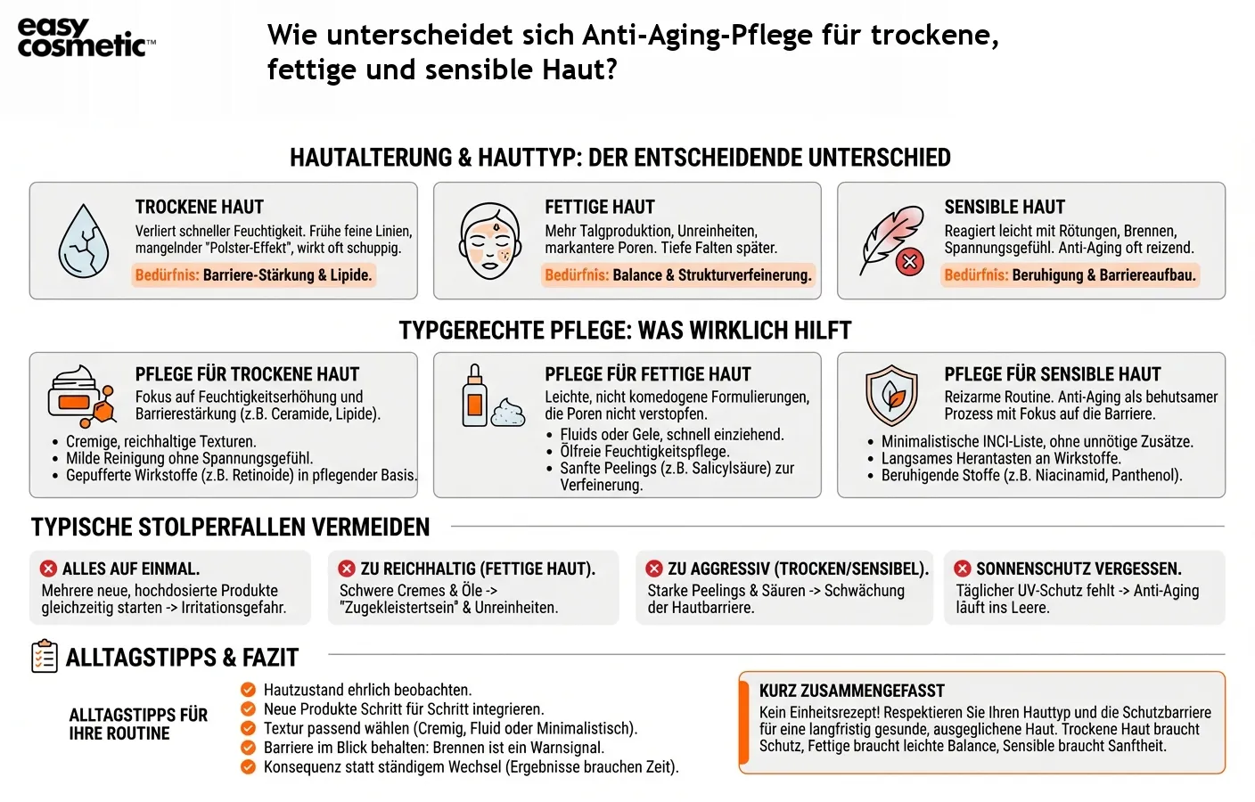 Wie unterscheidet sich Anti-Aging-Pflege für trockene, fettige und sensible Haut?
