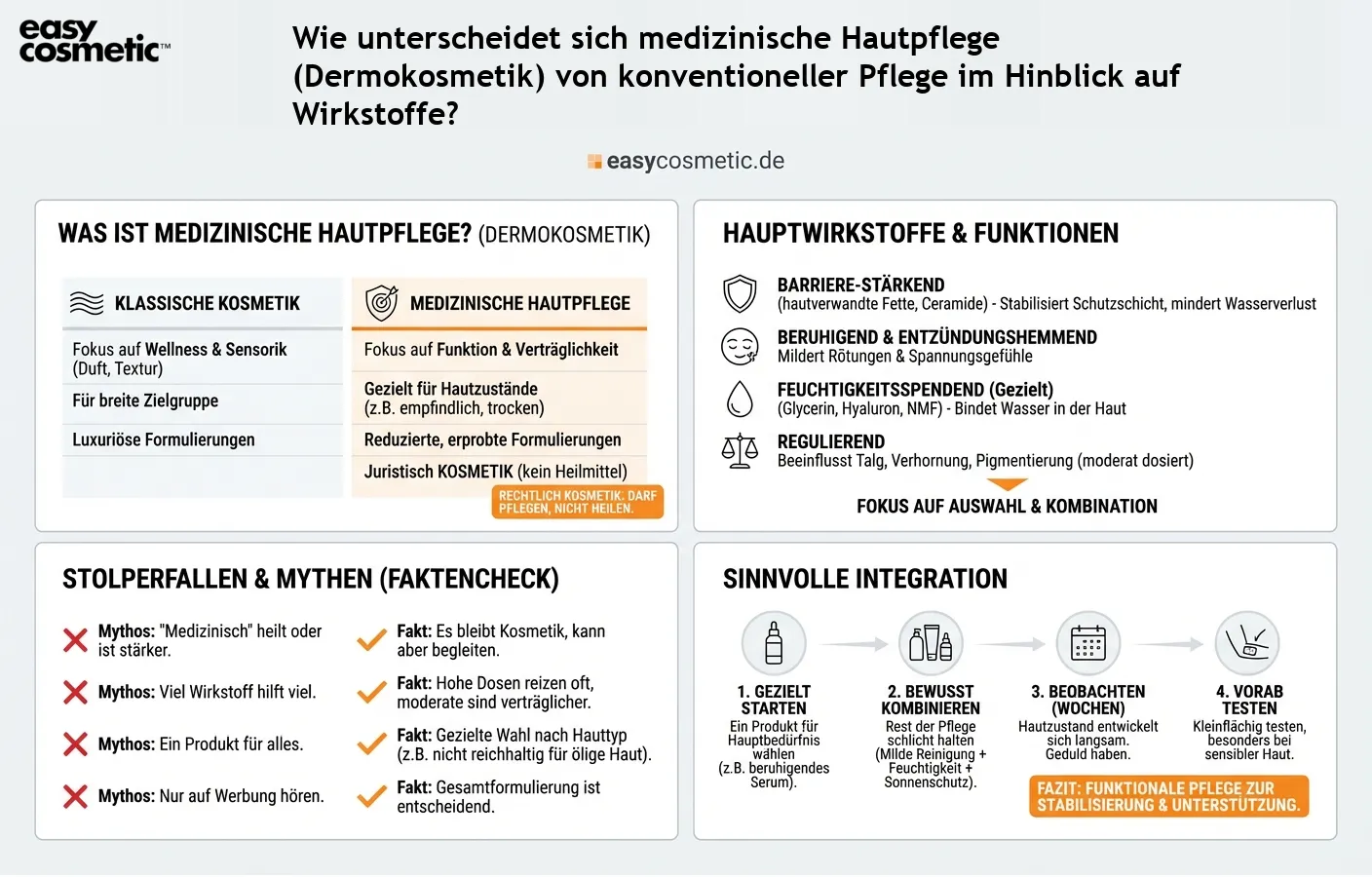 Wie unterscheidet sich medizinische Hautpflege (Dermokosmetik) von konventioneller Pflege im Hinblick auf Wirkstoffe?