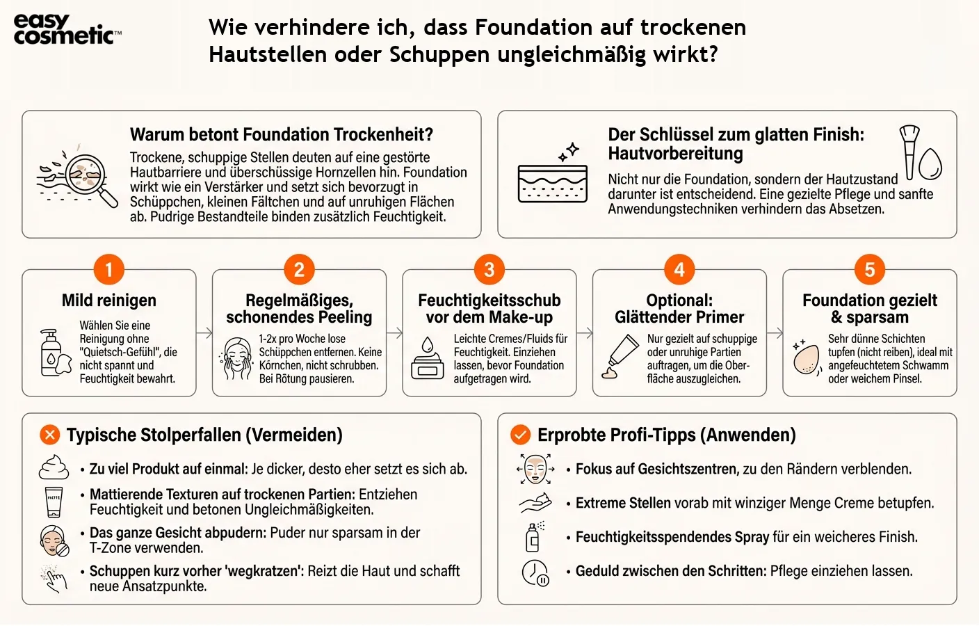 Wie verhindere ich, dass Foundation auf trockenen Hautstellen oder Schuppen ungleichmäßig wirkt?
