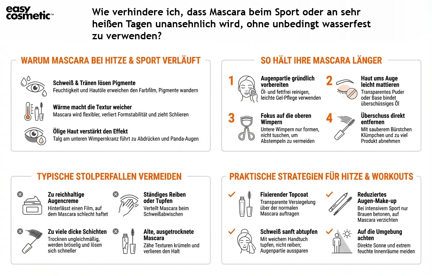 Wie verhindere ich, dass Mascara beim Sport oder an sehr heißen Tagen unansehnlich wird, ohne unbedingt wasserfest zu verwenden?