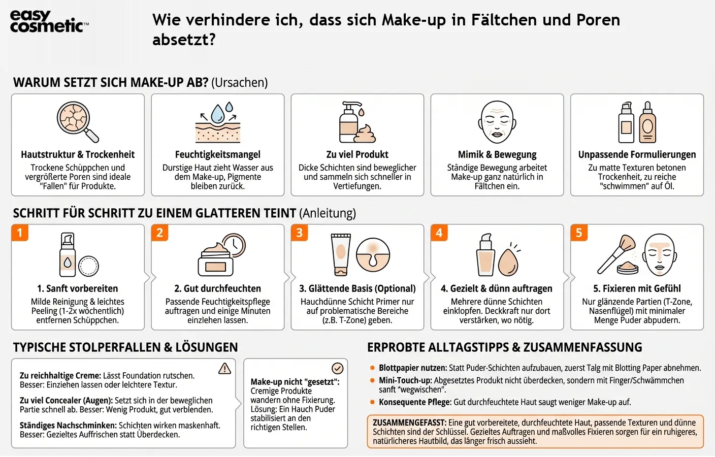 Wie verhindere ich, dass sich Make-up in Fältchen und Poren absetzt?