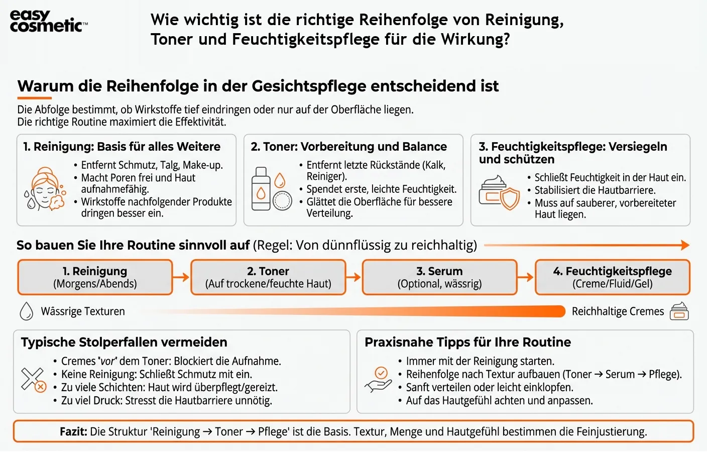 Wie wichtig ist die richtige Reihenfolge von Reinigung, Toner und Feuchtigkeitspflege für die Wirkung?