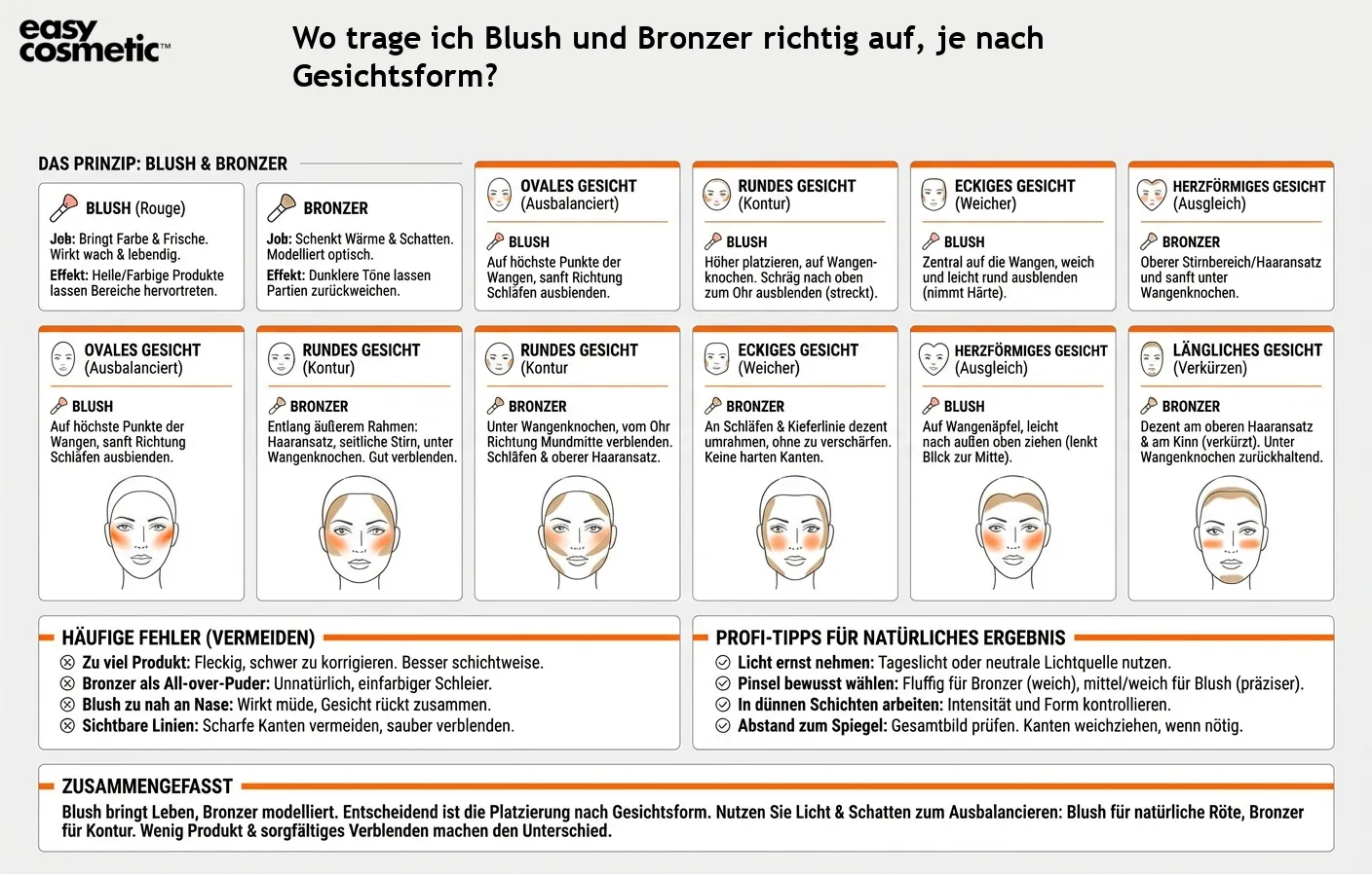Wo trage ich Blush und Bronzer richtig auf, je nach Gesichtsform?