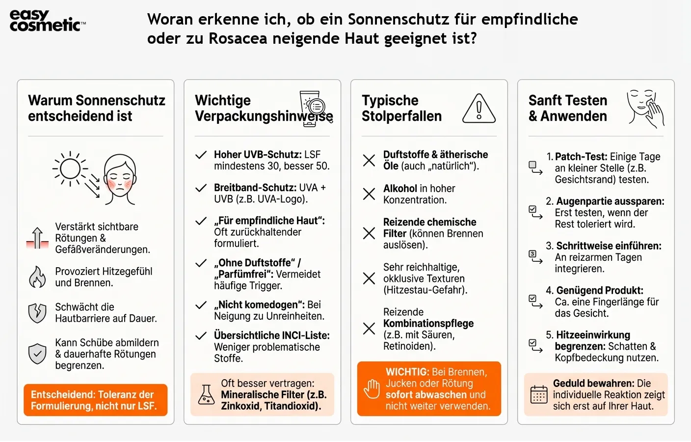 Woran erkenne ich, ob ein Sonnenschutz für empfindliche oder zu Rosacea neigende Haut geeignet ist?